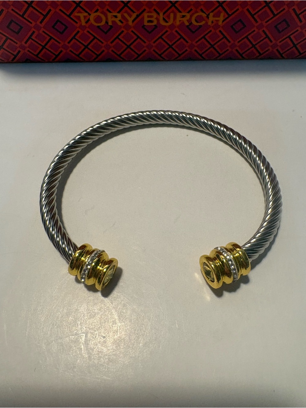 David Yurman style Two-Tone twisted Cuff Bracelet in Silver and Gold yellow gem